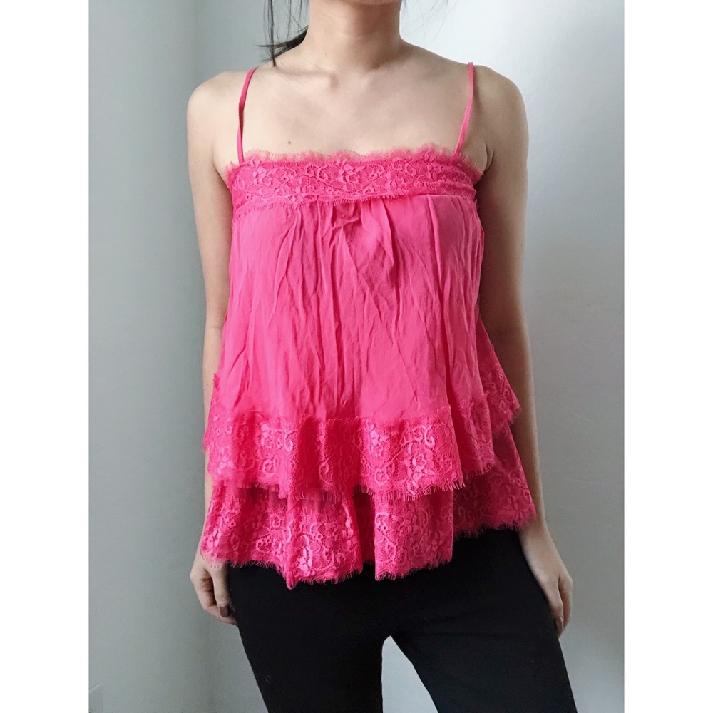 100% silk pink ruffles tank top